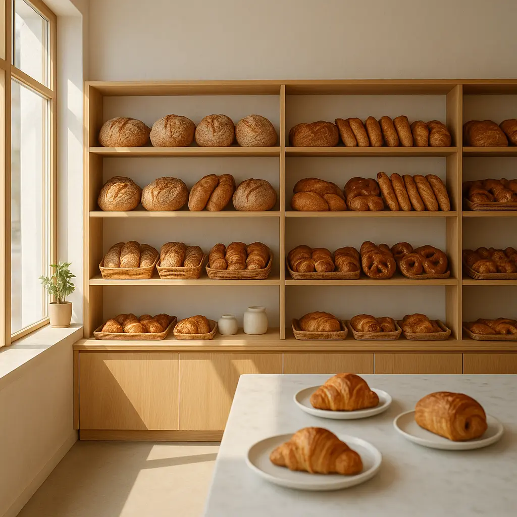 Helle Bäckerei mit frischem Brot und Patisserie